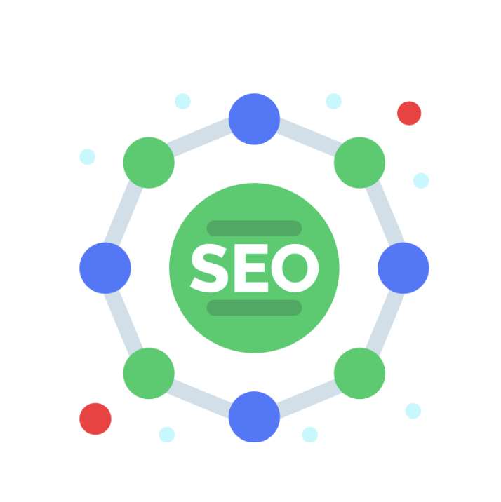 SEO word written insides set of blue and green circles which represents SEO-Friendly Features